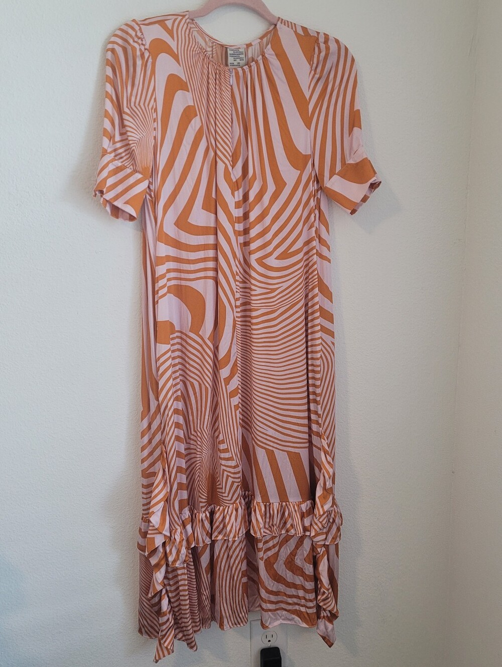 BAUM UND PFERDGARTEN Silk Stretch Psychedelic Swirl Ruffle Hem Midi Dress 34
